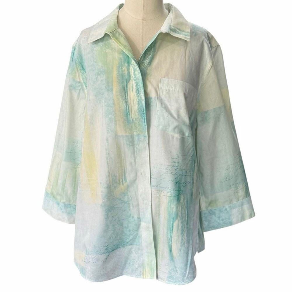 Chico's Button-Up Aqua & White Print No-Iron 3/4 Sleeve Shirt Size 2 Large 12